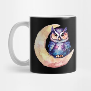 Whimsical Owl in Crescent Moon Watercolor Art Print Mug
